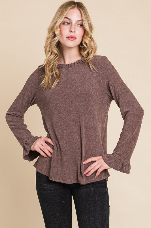 Brown ruffle detail layering top Regular & Plus Size