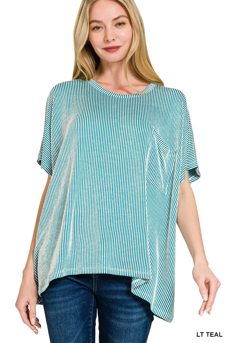 Zenana corded ribbed oversized short sleeve pocket top
