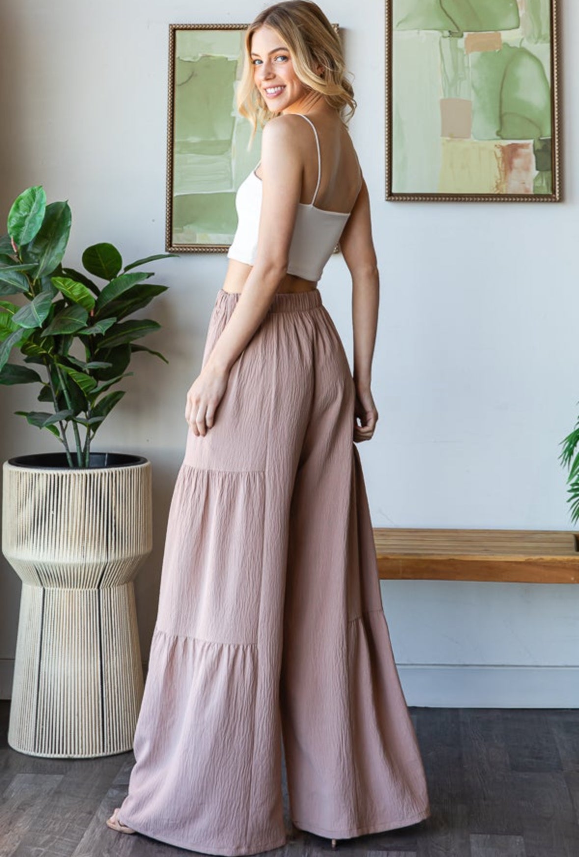 Ruffle tiered tan wide leg dress pants Reg & Plus Size