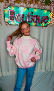 Pink & cream checkered balloon sleeve sweater