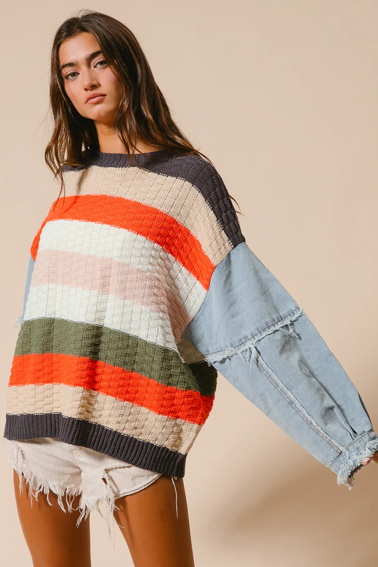 Bibi multi striped denim sleeve fall sweater