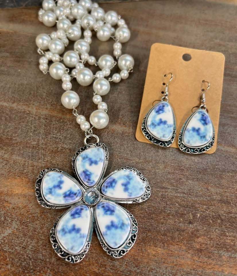 Handmade blue & white flower pearl necklace or Victorian style earrings