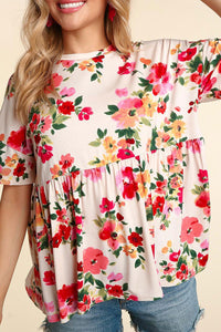 Cream floral short sleeve babydoll top Reg. & Plus Sizs