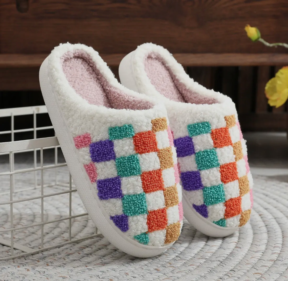 Multi color checkered slippers