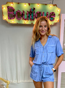 Baby blue mineral washed button down romper