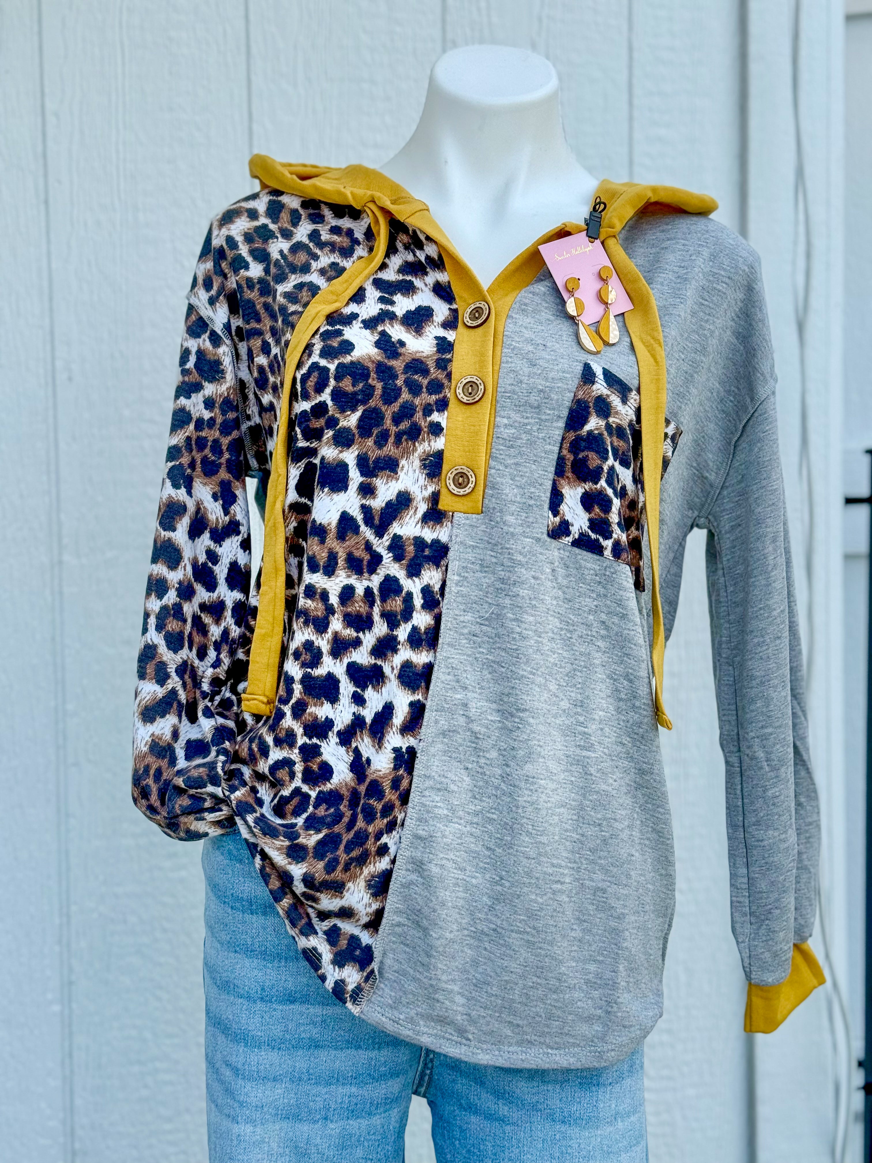 Bibi grey & mustard leopard print hoodie