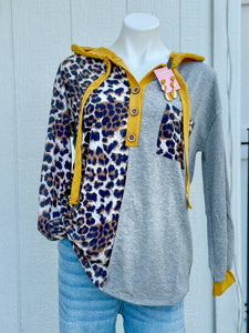 Bibi grey & mustard leopard print hoodie