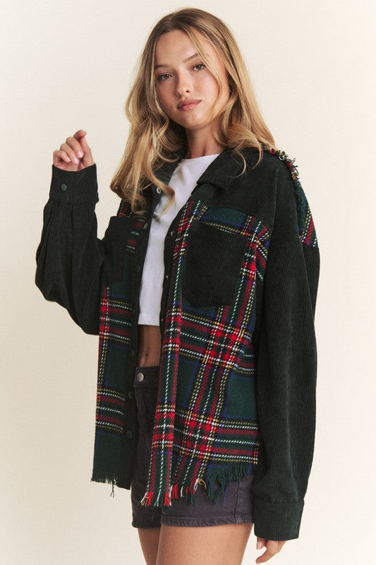 Christmas Plaid frayed hem Shacket Green or Red