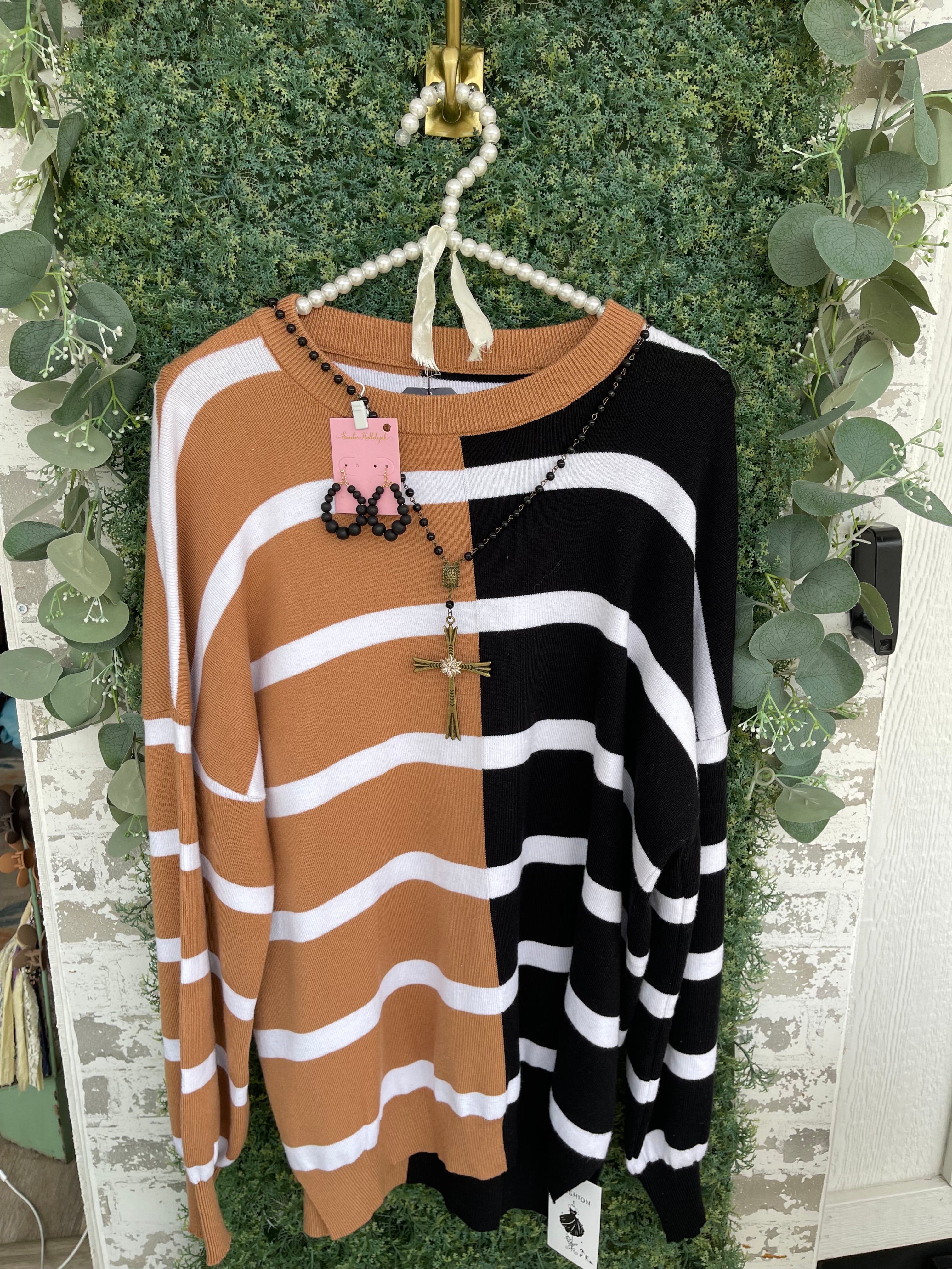 Black and tan striped balloon sleeve sweater