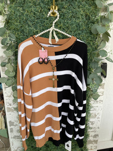 Black and tan striped balloon sleeve sweater