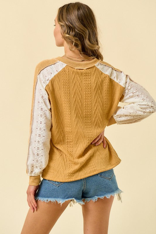 Mustard ribbed fall top with lace sleeve detail