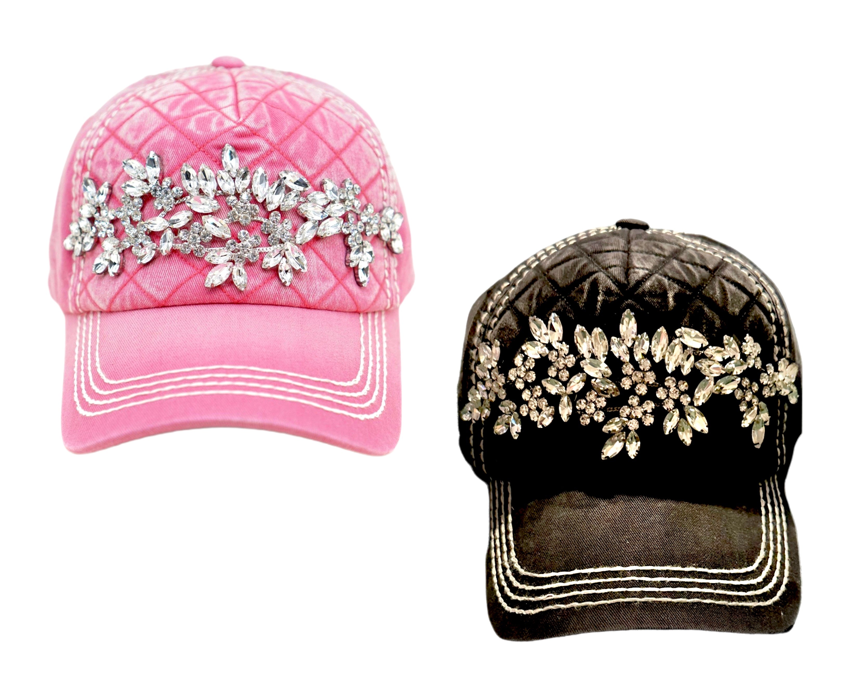 Pink or black quilted rhinestone floral detail hat by Olive & Pique