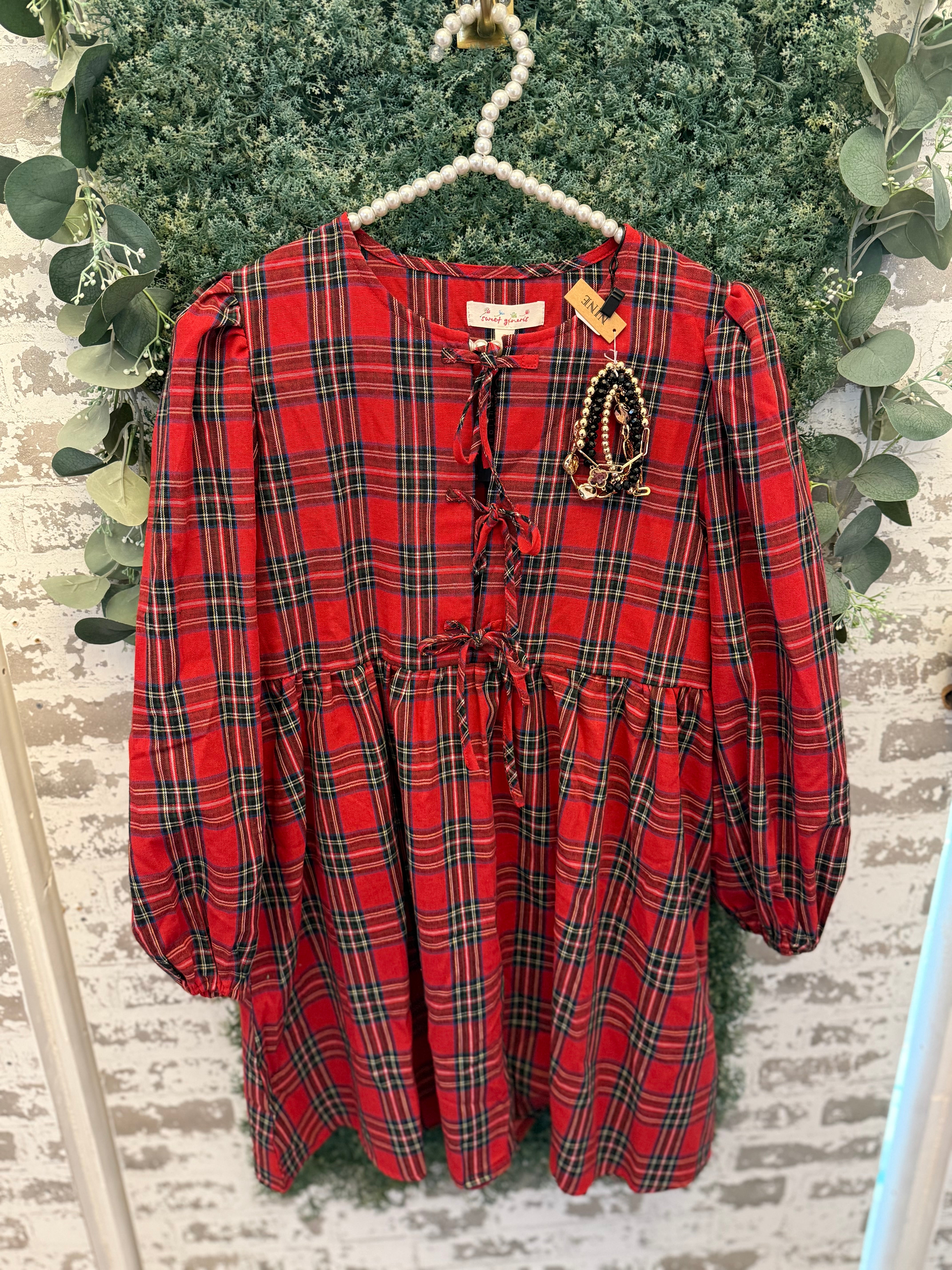 Red plaid bow detailed dress