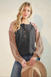 Reg & Plus Size Charcoal, brown & floral henley fall top