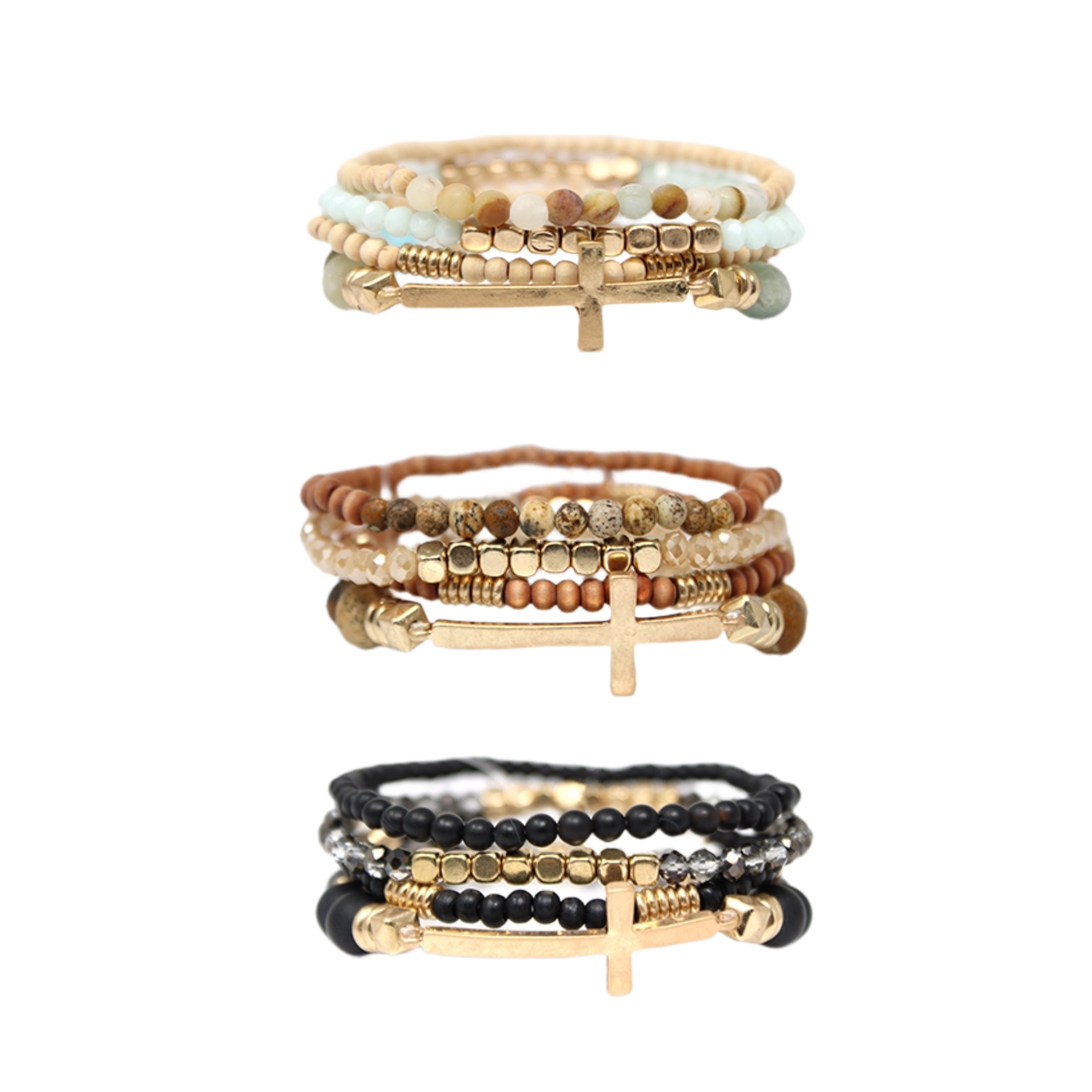 Gold cross layered stack bracelets