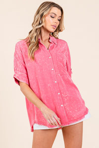 Pink oversized mineral wash frayed hem button up top