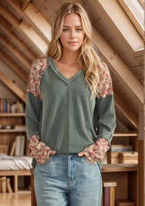 Sage ribbed v-neck floral detail top Reg & Plus Size