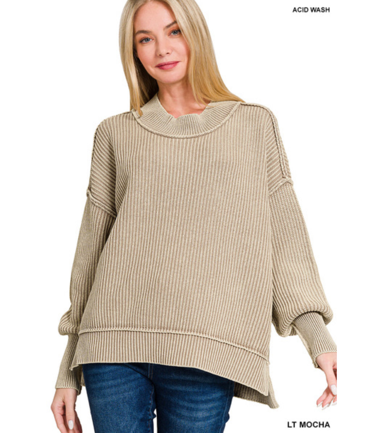 Zenana tan acid wash ribbed sweater