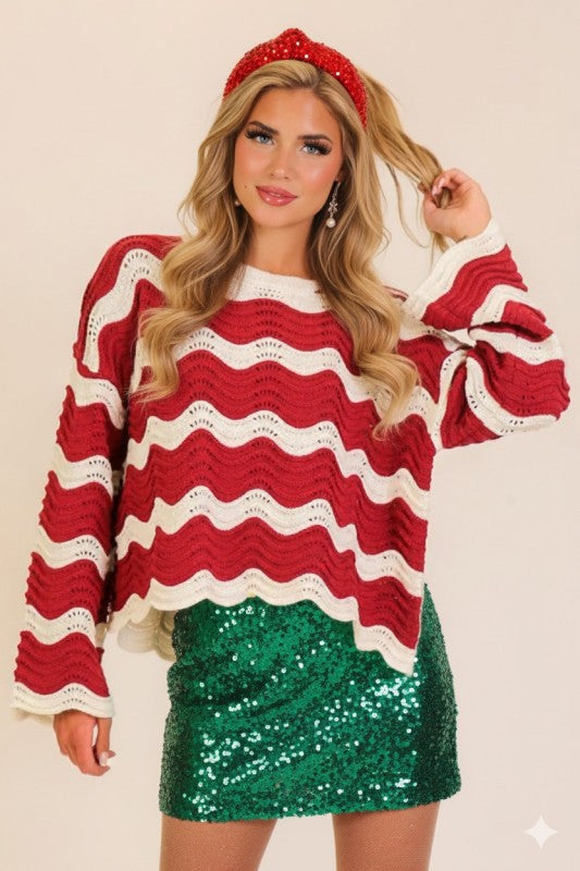 Red & white scalloped sweater