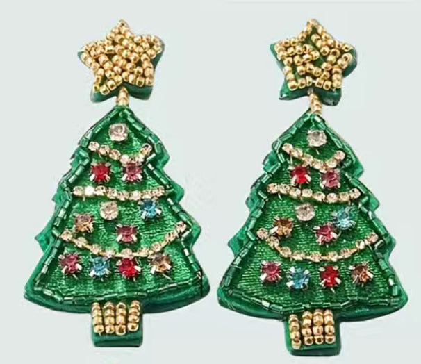 Felt Christmas tree rhinestone beaded earrings