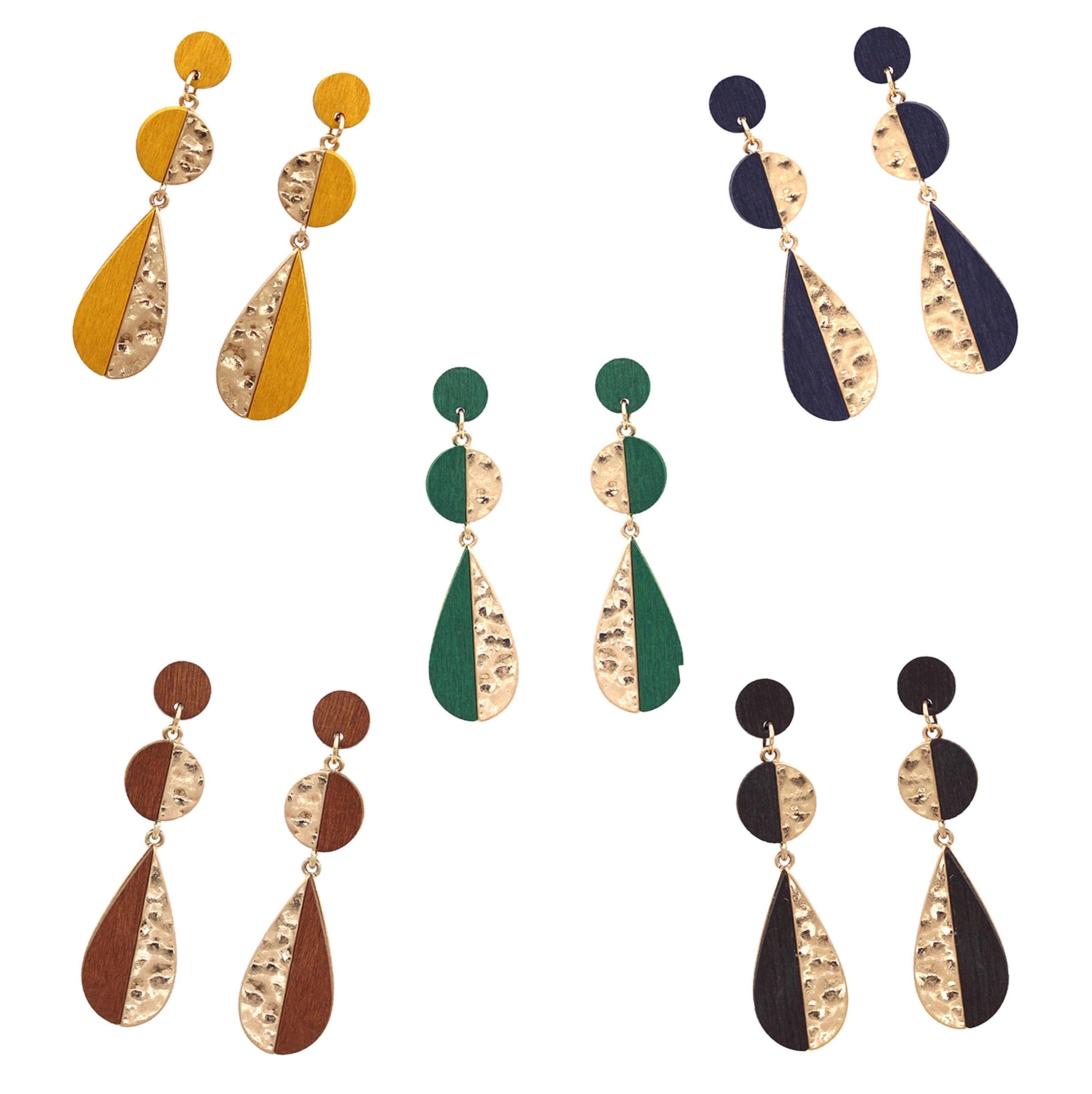 Wood & metal teardrop & circular earrings Black • Brown • Green • Navy • Mustard