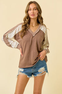 Brown ribbed fall top with lace sleeve detail