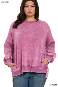 Zenana Plus Size plum pocket mineral washed sweatshirt