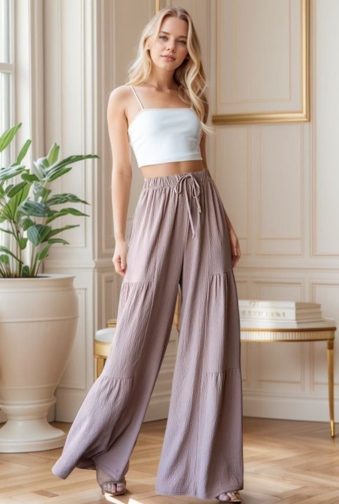 Ruffle tiered tan wide leg dress pants Reg & Plus Size