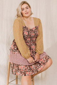 Oddi Plus Size mustard & brown floral fall dress