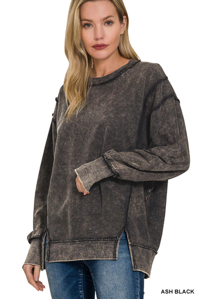 Zenana black acid wash frayed hem sweatshirt