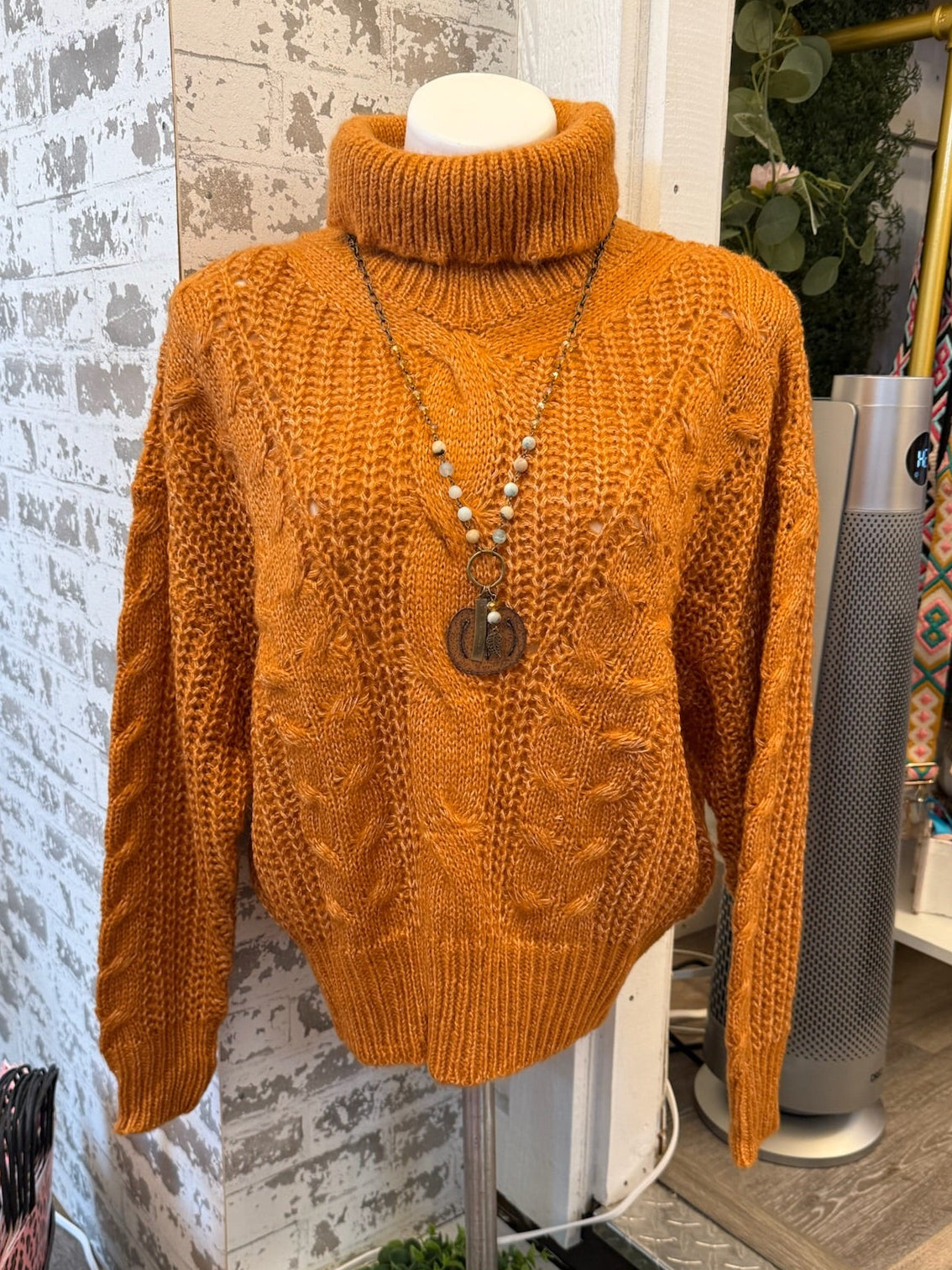 Umgee carmel rust cable knit turtleneck sweater