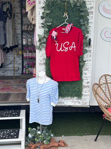 Baby blue & white striped puff sleeve top