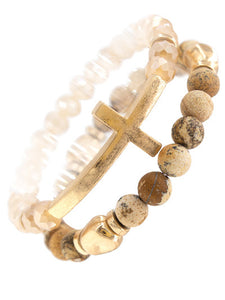 Christian cross natural stone stack layering bracelet
