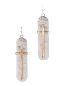 Hammered gold & silver cross dangle earrings