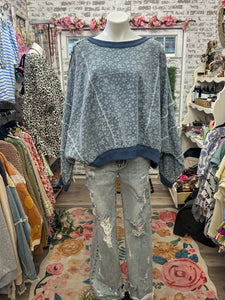 Bibi denim floral frayed detail pull over oversize sweatshirt style top