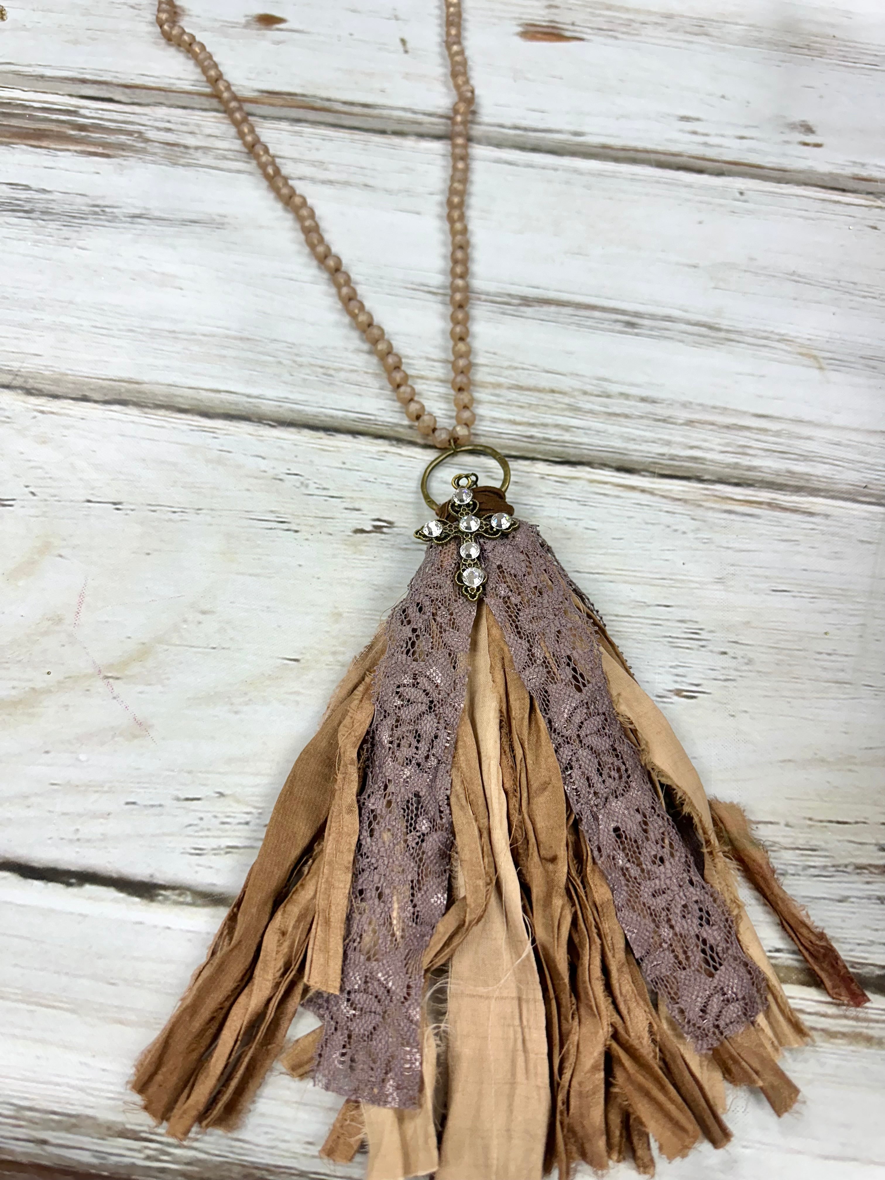 Handmade tassel cross necklace brown & purple cream beads