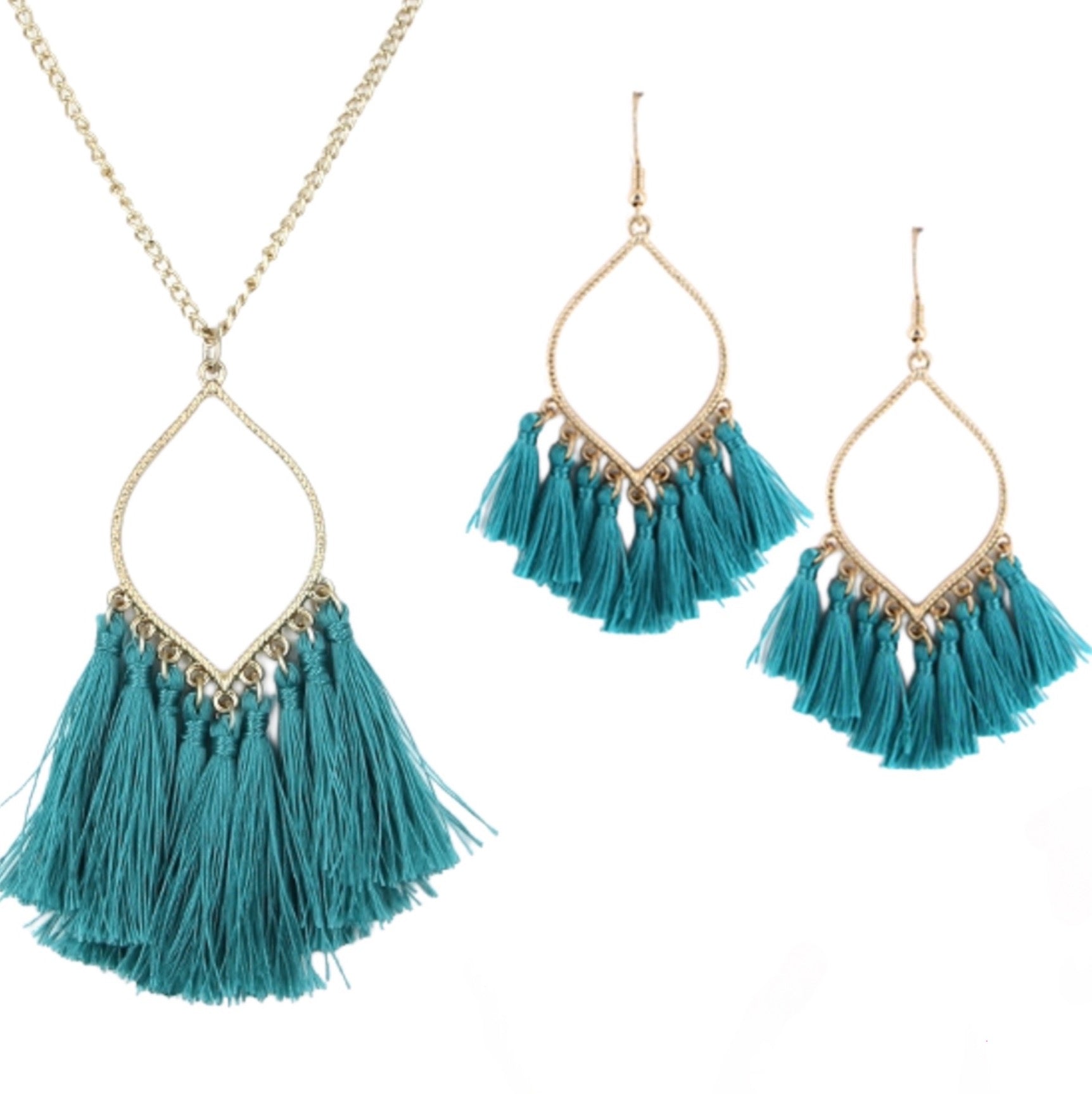 Gold tassel necklace & earrings set Teal, Cream or Pink