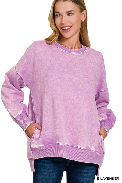 Zenana Lavender acid wash pocket long sweatshirt