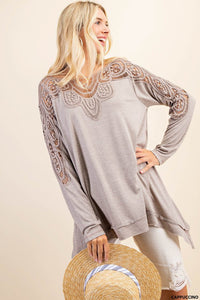 Kori mocha crochet frayed detailed lightweight top