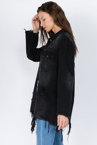 Regular & Plus Size Distressed denim long jean jacket Light blue or black