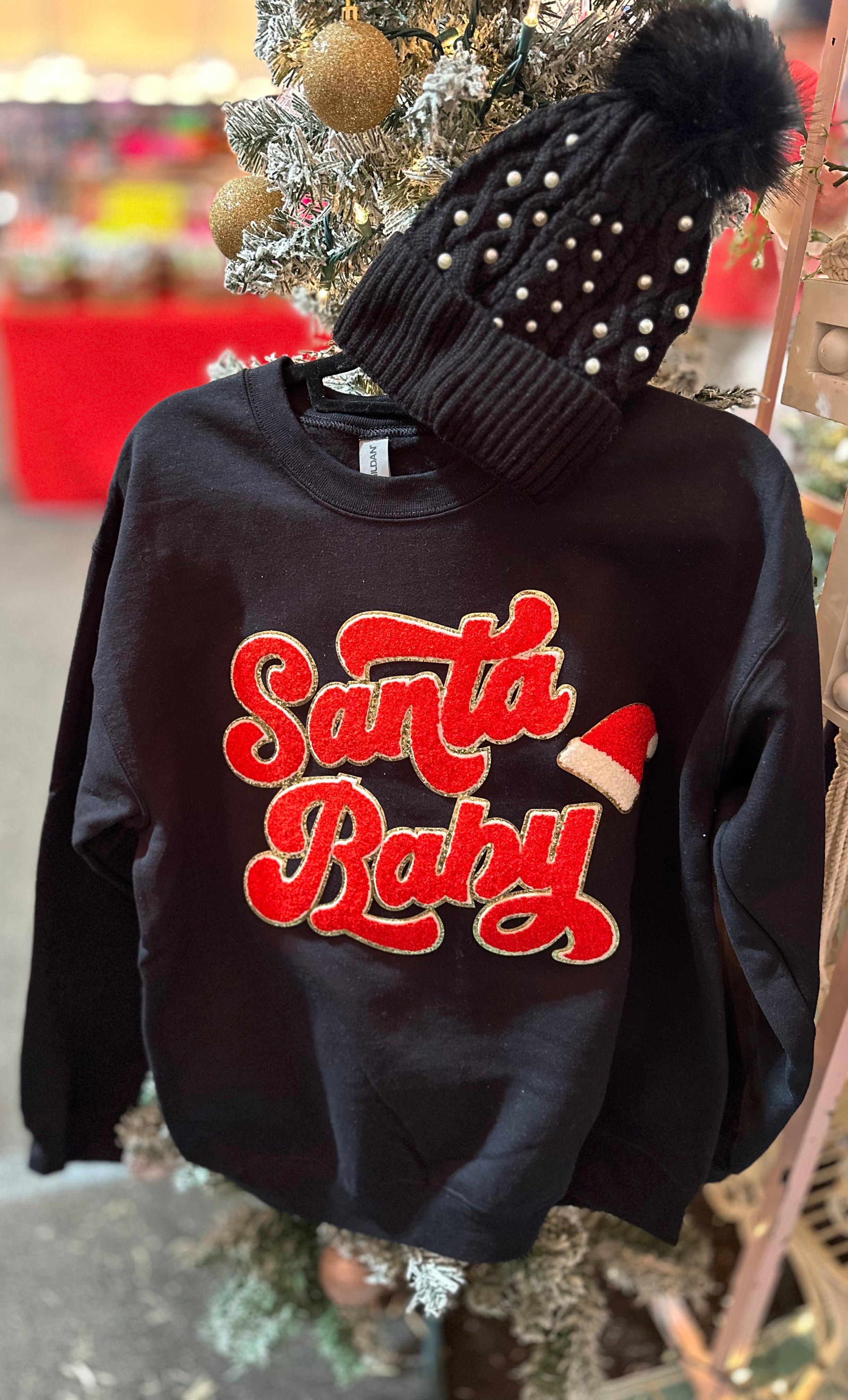 Santa Baby chenille letter black crew Christmas sweatshirt