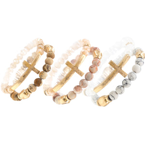 Christian cross natural stone stack layering bracelet