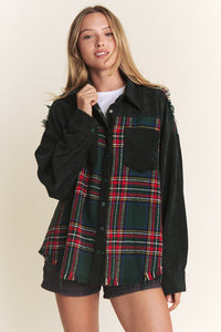 Christmas Plaid frayed hem Shacket Green or Red