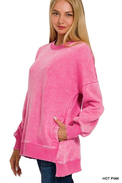 Zenana Pink distressed washed sweatshirt w/ pockets Reg & Plus Size