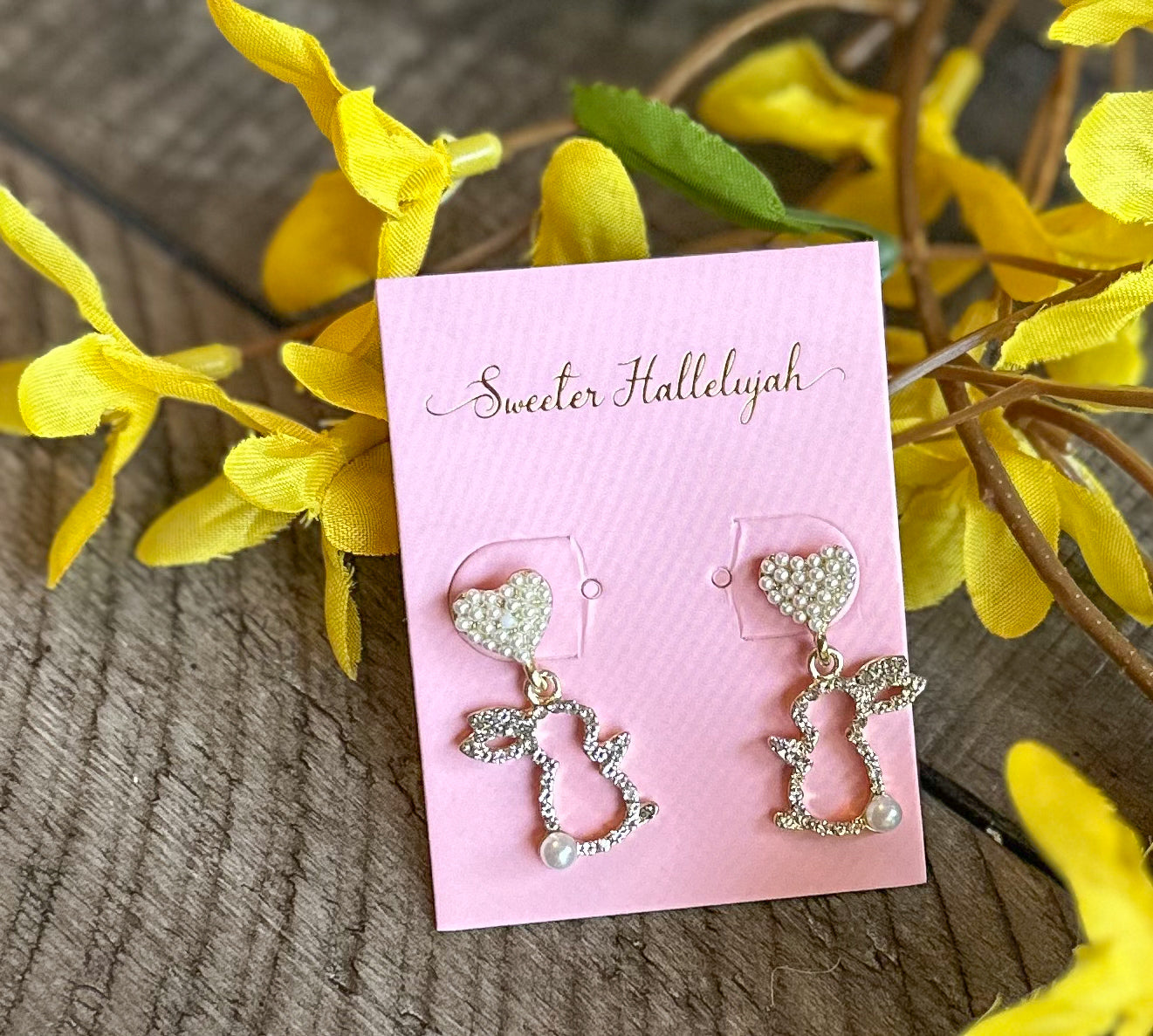 Spring Easter Bunny Rhinestone & Pearl Dangle Earrings