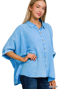 Sky blue oversized washed gauze button down top