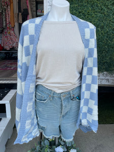 Baby blue checkered sweater cardigan