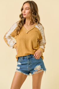 Mustard ribbed fall top with lace sleeve detail