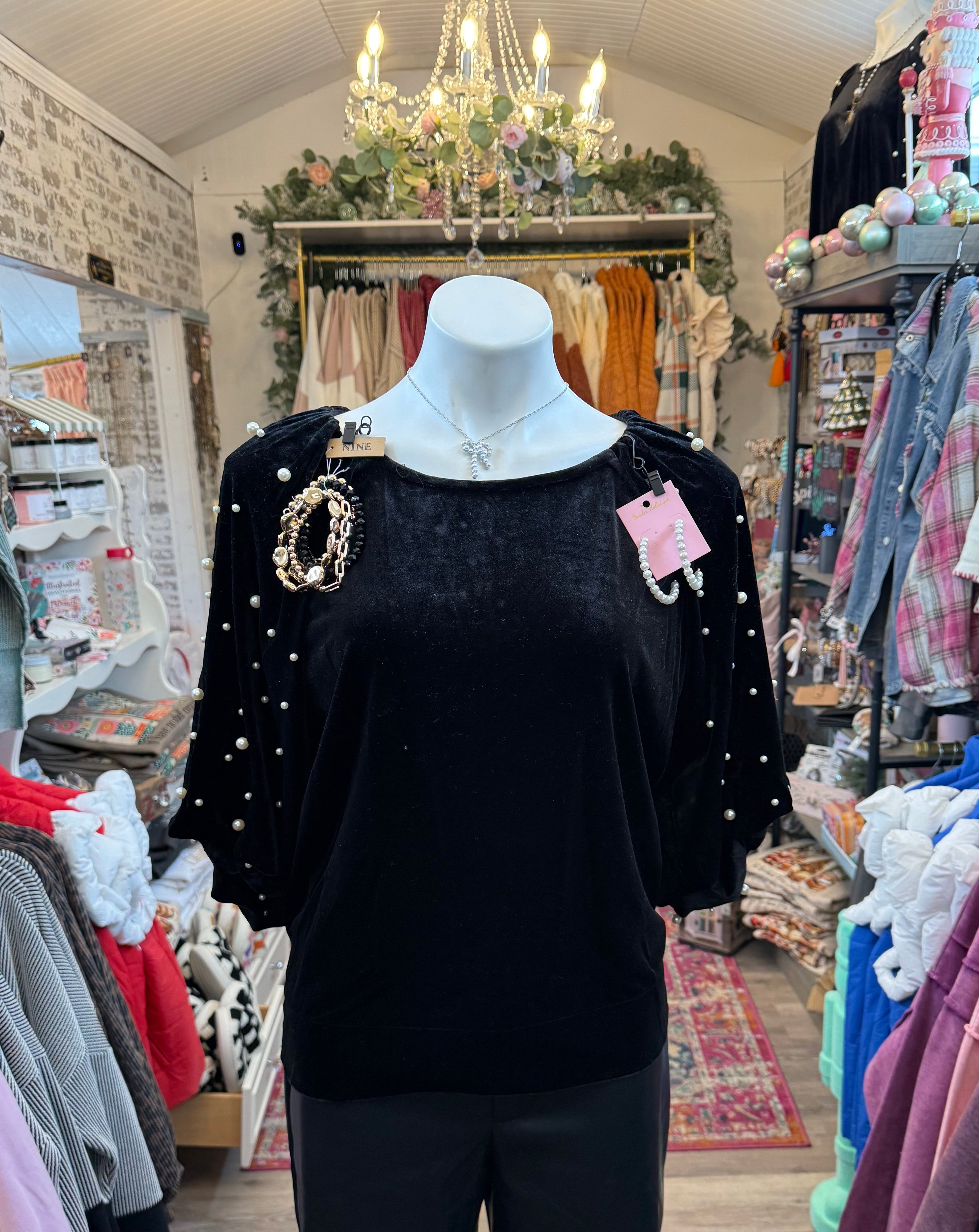 Umgee black velvet pearl dressy top