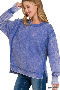 Royal Blue acid wash frayed hem sweatshirt